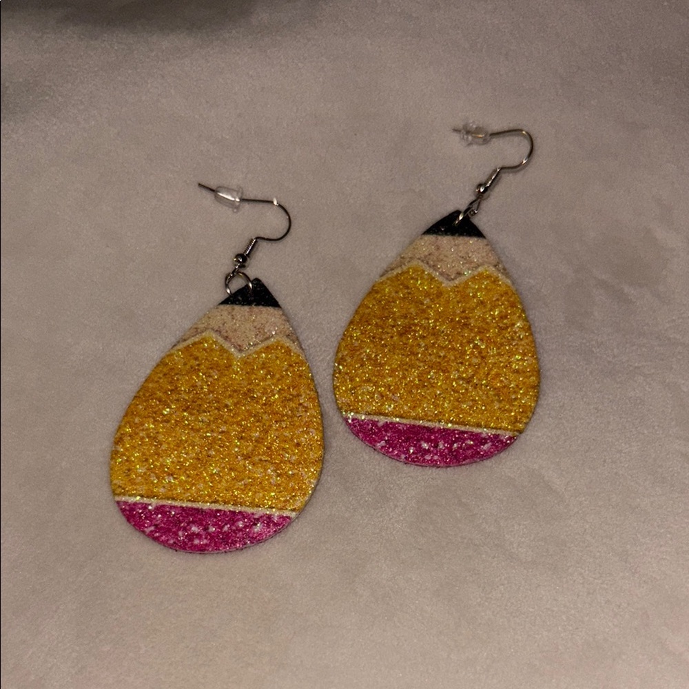 💕Glittering Yellow and Pink pencil Teardrop Earrings new